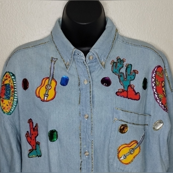 VINTAGE 80s Forenza Women's Large Tunic Shirt Chambray Denim Southwestern Relax - Picture 2 of 9